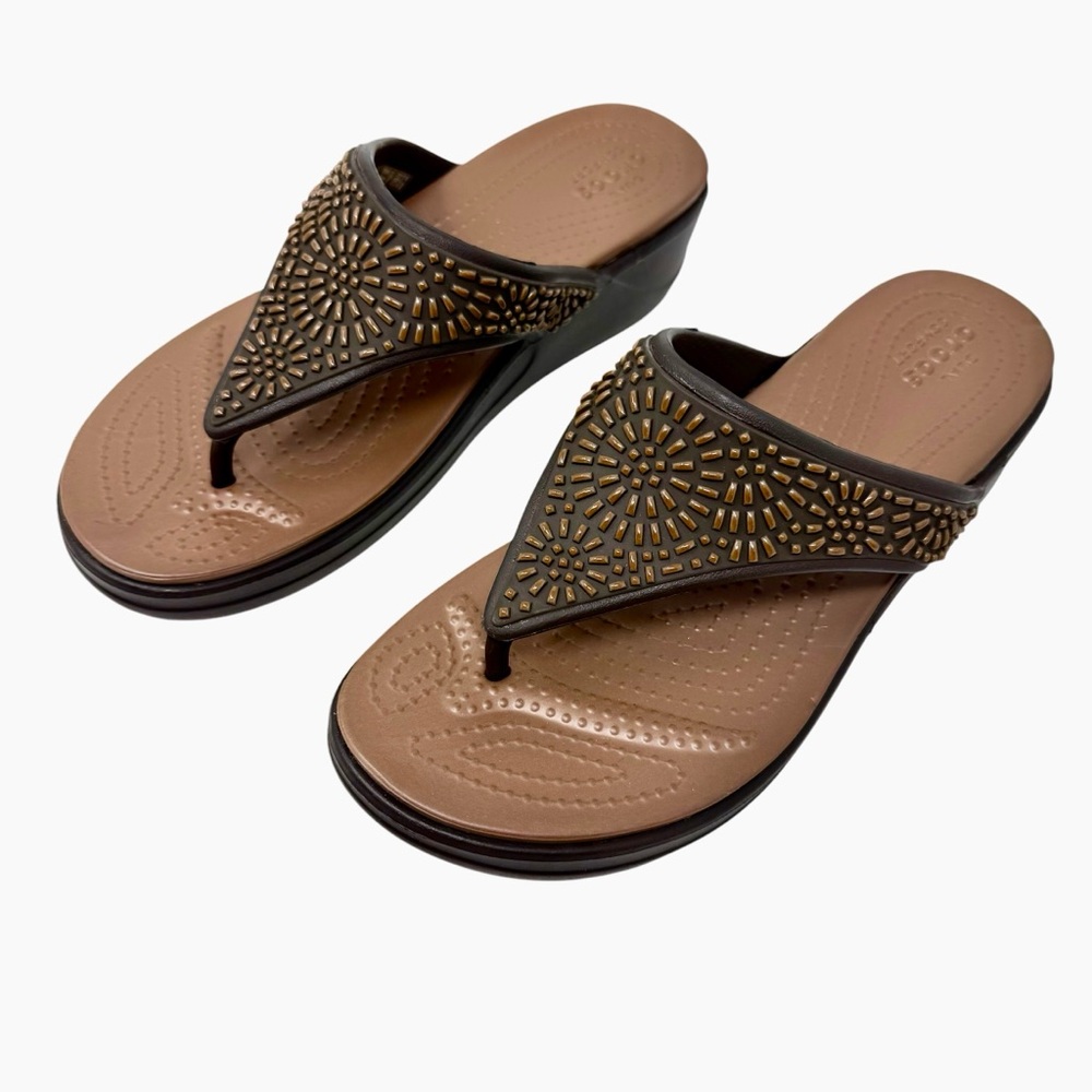 Crocs Women’s Size 11 Monterey Diamanté Wedge Sandals bronze  Slip On shoes
